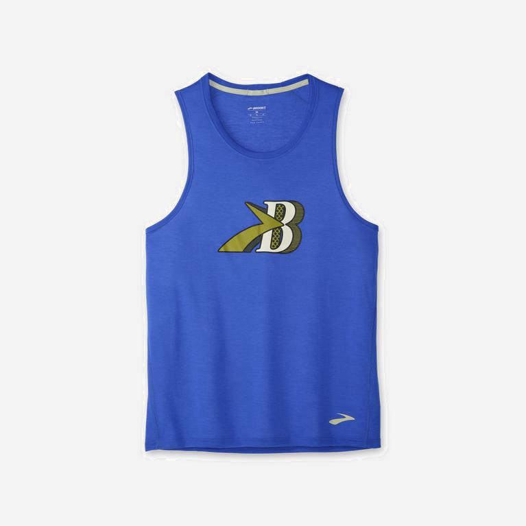 Brooks Men's Distance Graphic Running Tank Top Singapore - Heather Bluetiful/B (96283-IXRV)